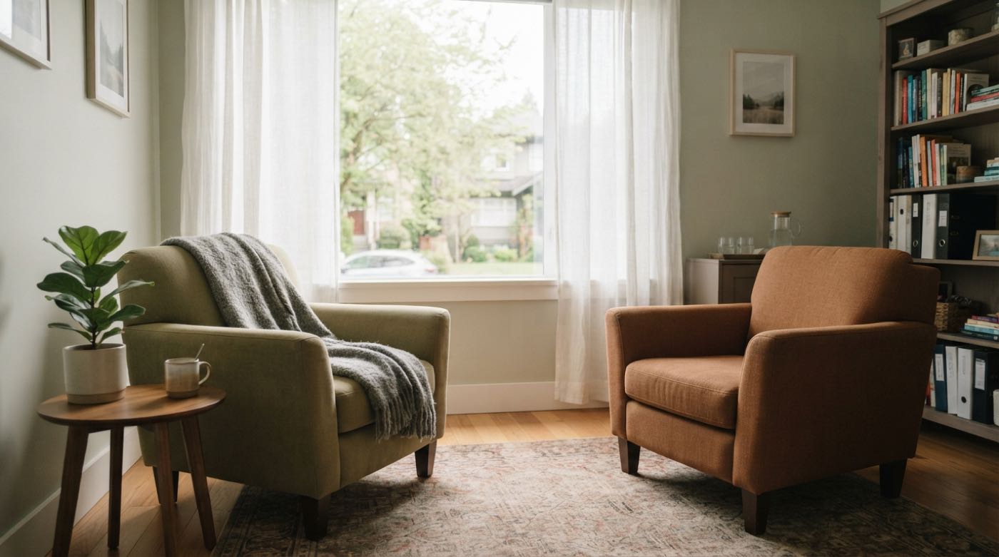 The counselling room: two chairs, soft daylight